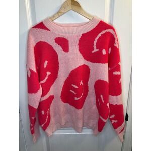 Altar'd State Pink Red Smiley Face Crewneck Sweater Small BRW02809-ATS